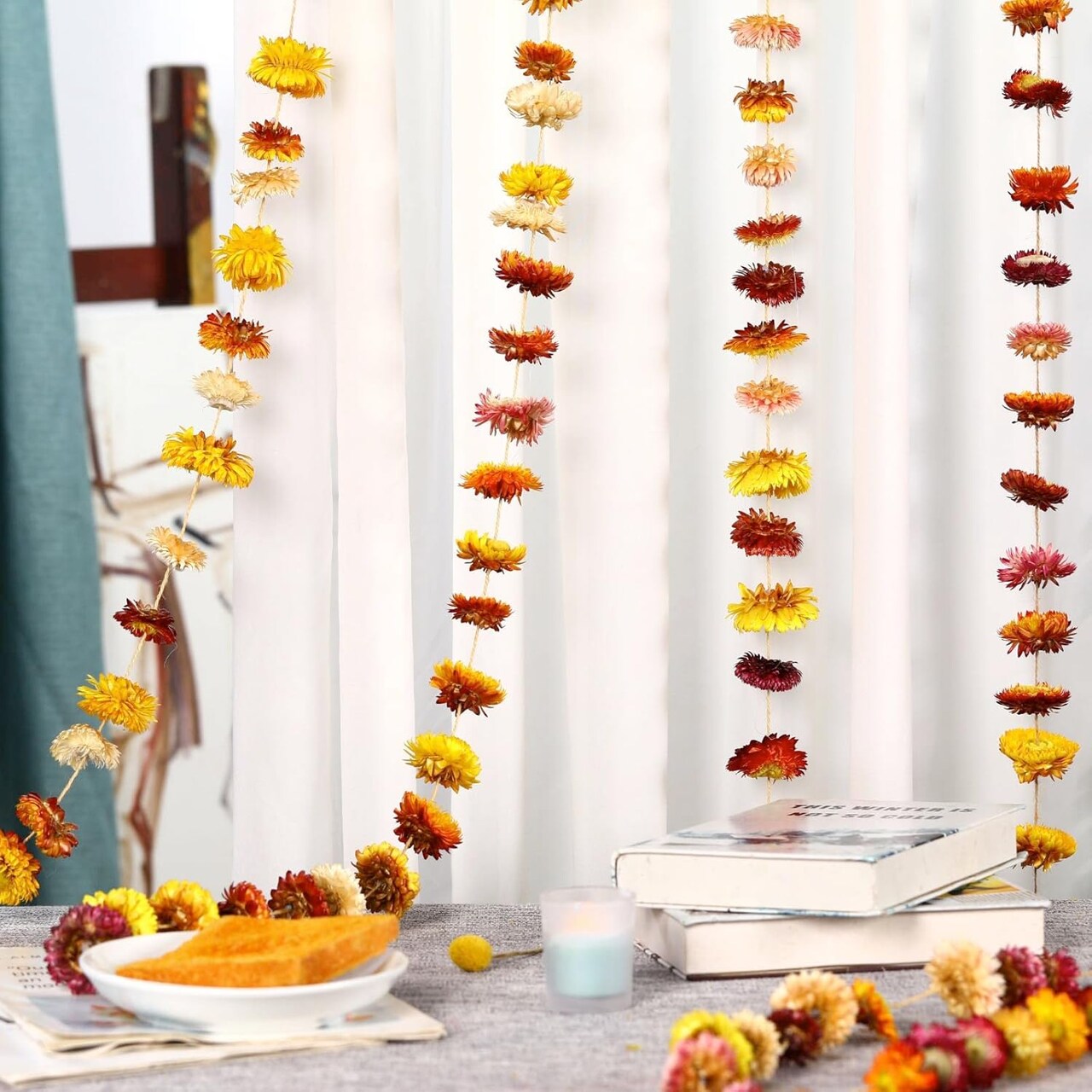 10FT Dried Flower Garland – Real Daisy & Sunflower Chain with 42 Colorful Flower Heads for Christmas, Boho Home, Wedding, Party & Wall Decoration